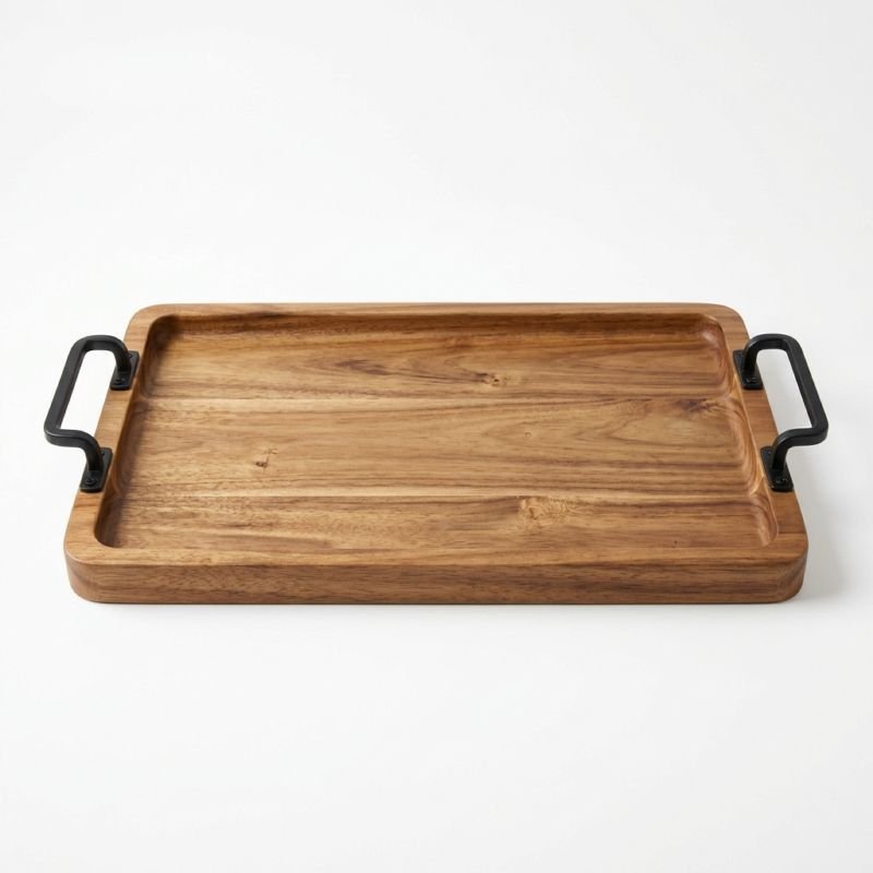 Bandeja Rectangular de Madera de Acacia con Asas Metálicas
