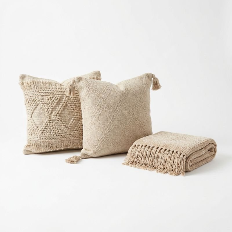 Set de 2 Fundas de Cojín Boho Texturizadas y Manta Chenilla Suave