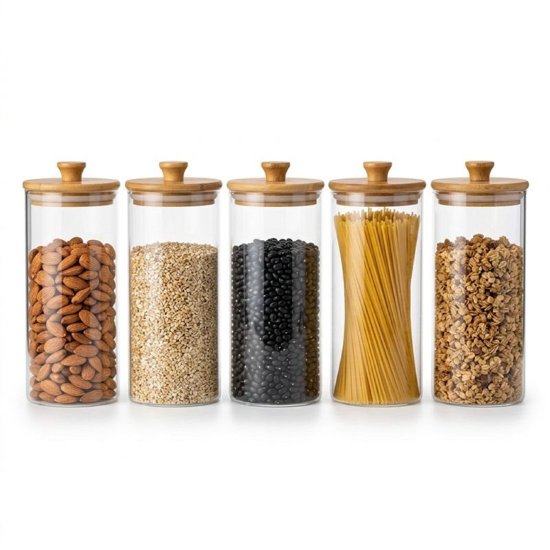 Set de 5 Frascos de Vidrio de Borosilicato con Tapa de Bambú