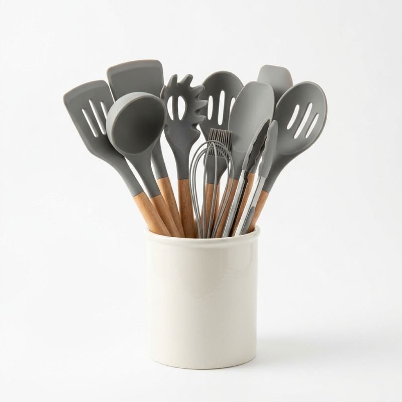 Set de Utensilios de Cocina de Silicona y Madera Natural (12 Piezas)