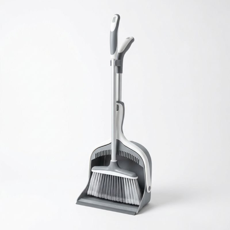 Set Ergonómico de Escoba y Recogedor de Pie con Peine Limpiador